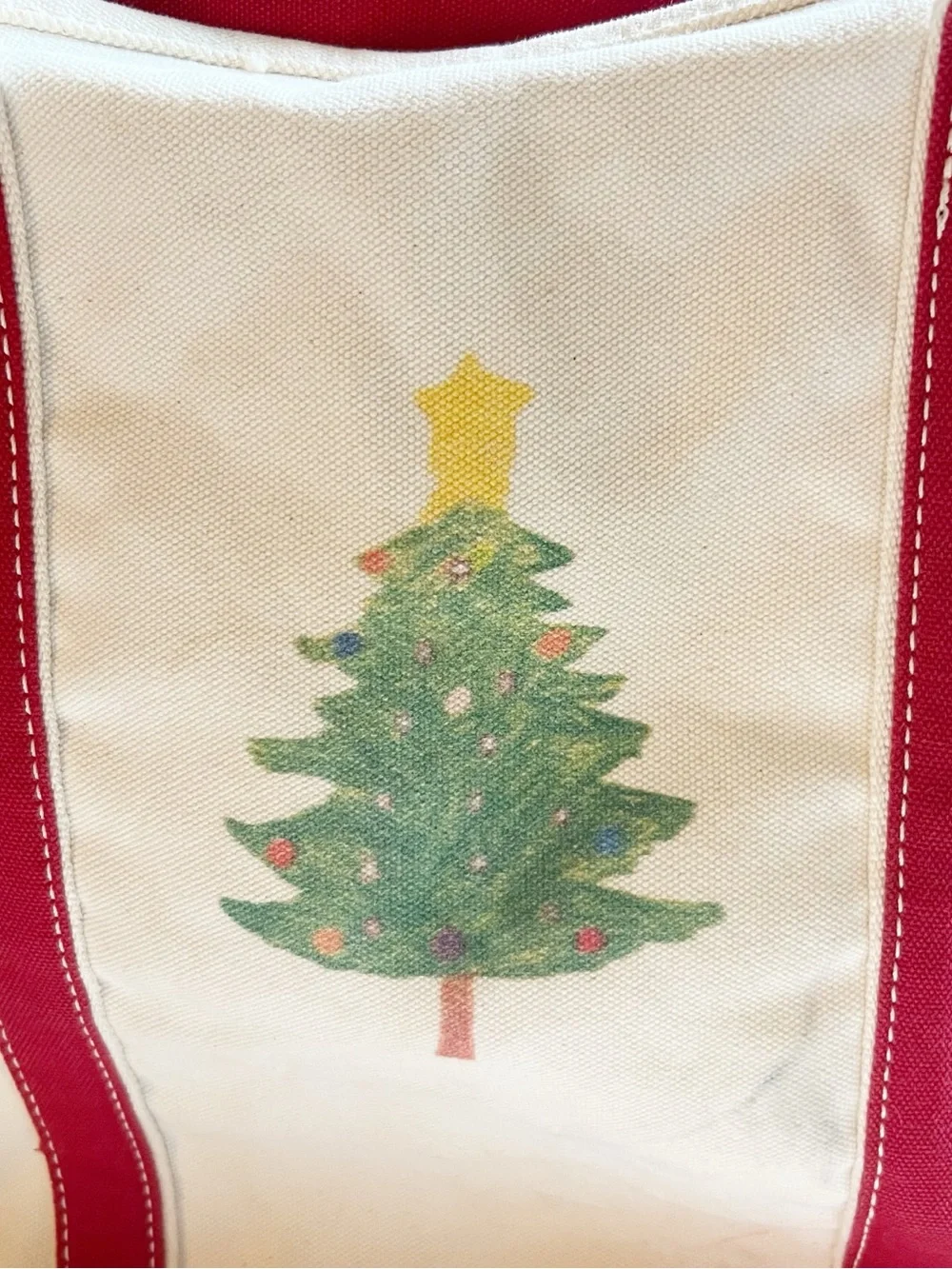 Lands End X-Large Christmas Tree Canvas Tote Cream & Red